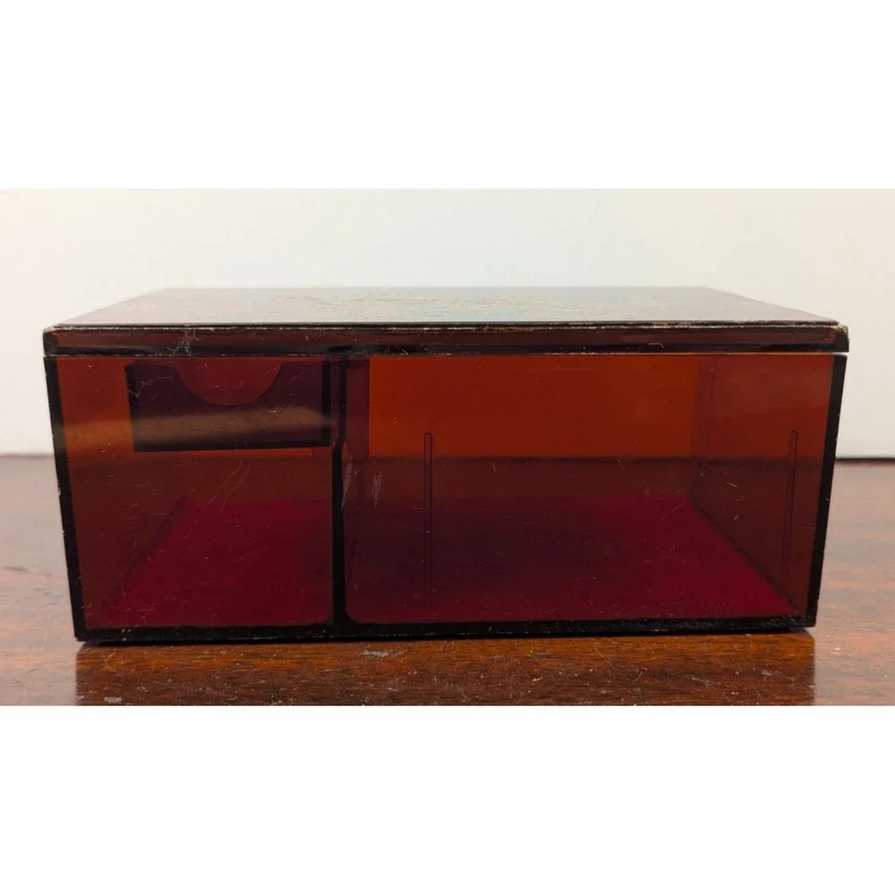 Vintage Floral Amber Acrylic Jewelry Box Mirrored Lid Lucite Style Trinket Box